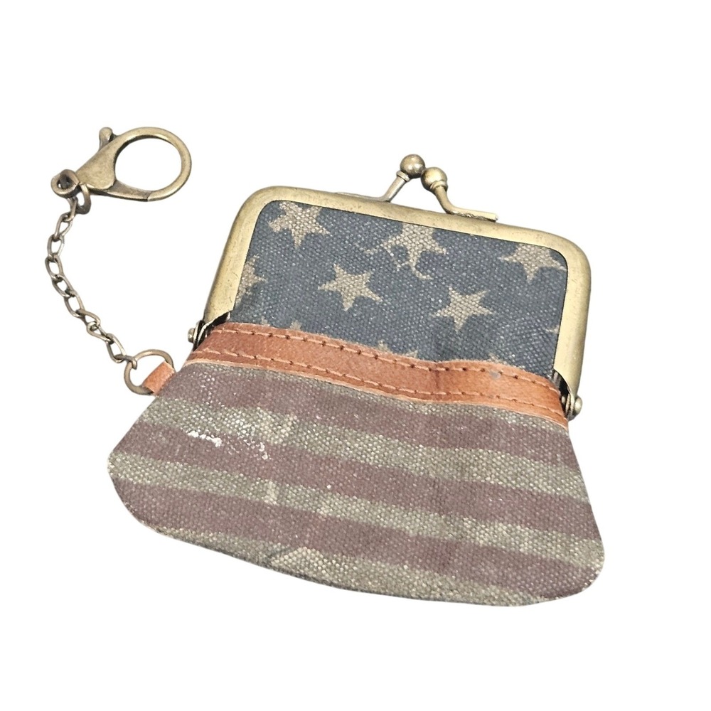 Mona‎ B Upcycled Americana Kiss Lock Coin Purse Keychain Stars Stripes Rustic
